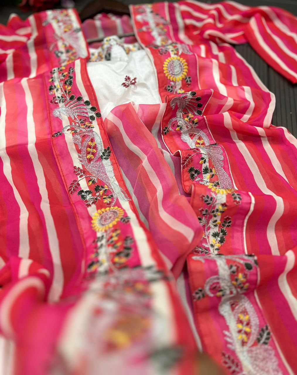 "Elegant Chinon Palazzo Set with Georgette Koti and Embroidered Blouse"