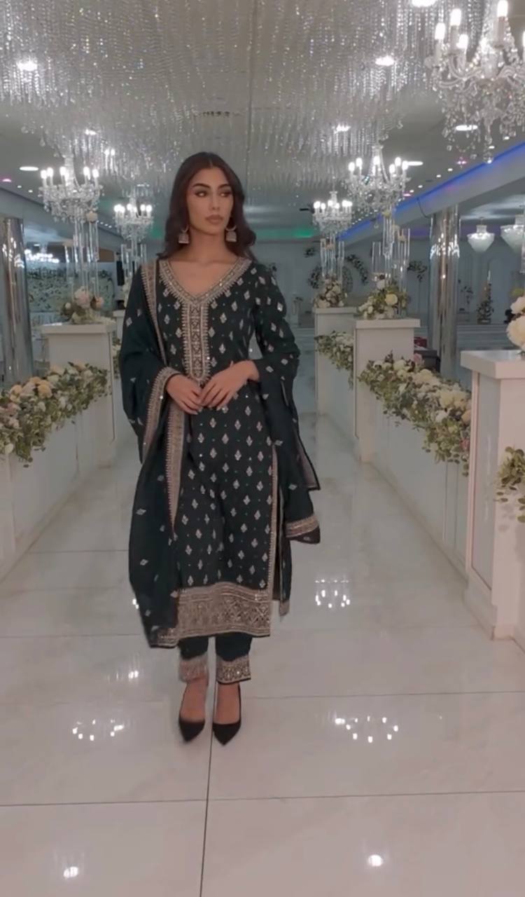 "Elegant Heavy Faux Georgette Embroidered Top, Pant, and Dupatta Set"