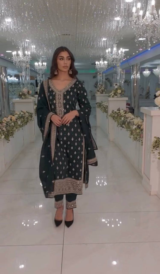 "Elegant Heavy Faux Georgette Embroidered Top, Pant, and Dupatta Set"