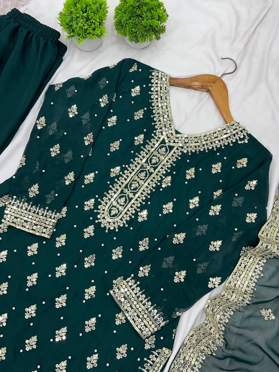 "Elegant Heavy Faux Georgette Embroidered Top, Pant, and Dupatta Set"