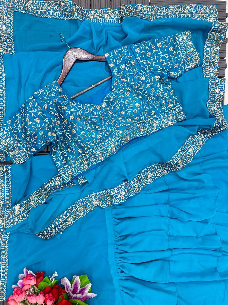 "Elegant Heavy Georgette Lehenga Saree with 3-Layer Ruffle Work & Dupatta"