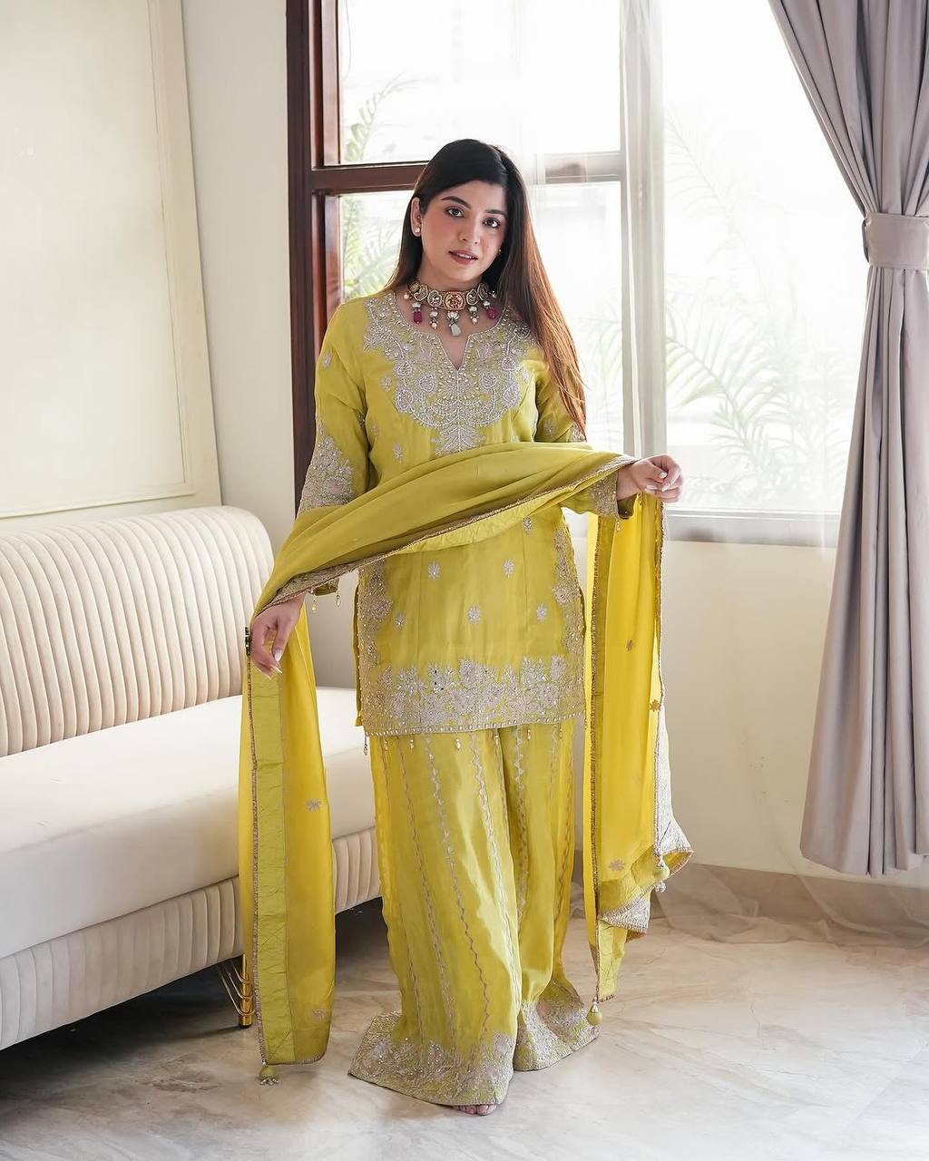 New  Heavy Embroidery Sequence Work Top-Gharara And Dupatta Set Fully Stitched Ready To Wear Collection