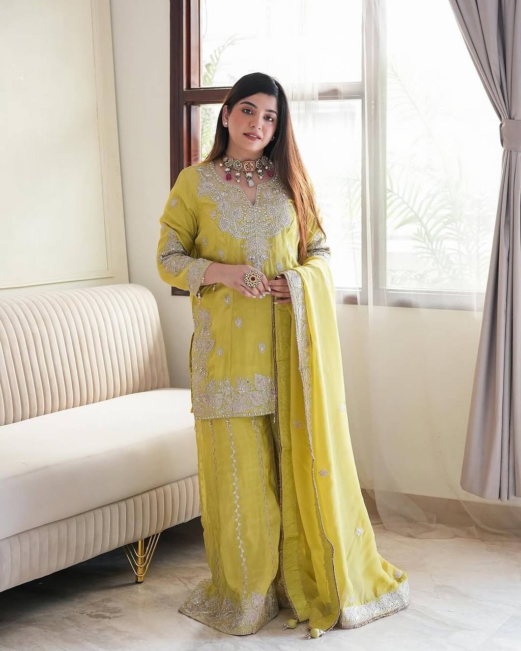 New  Heavy Embroidery Sequence Work Top-Gharara And Dupatta Set Fully Stitched Ready To Wear Collection