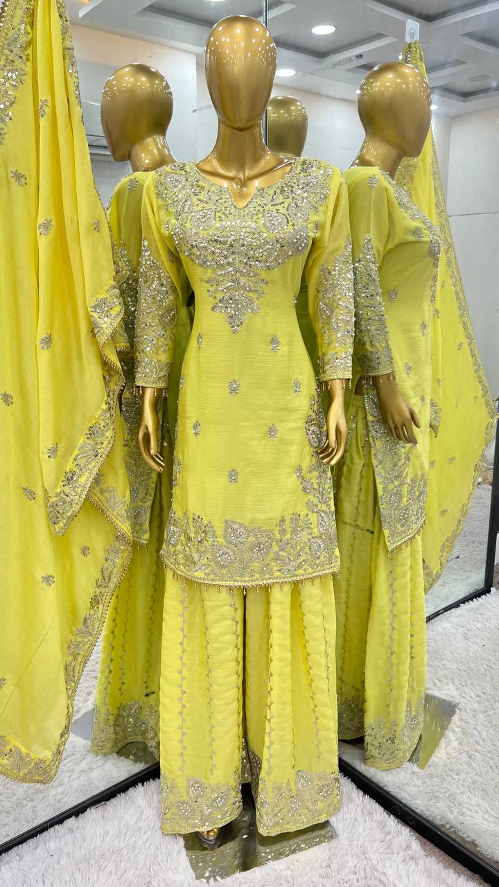 New  Heavy Embroidery Sequence Work Top-Gharara And Dupatta Set Fully Stitched Ready To Wear Collection