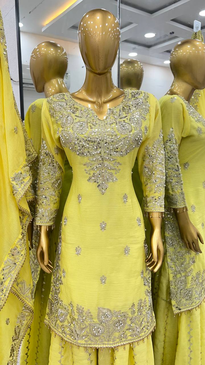 New  Heavy Embroidery Sequence Work Top-Gharara And Dupatta Set Fully Stitched Ready To Wear Collection