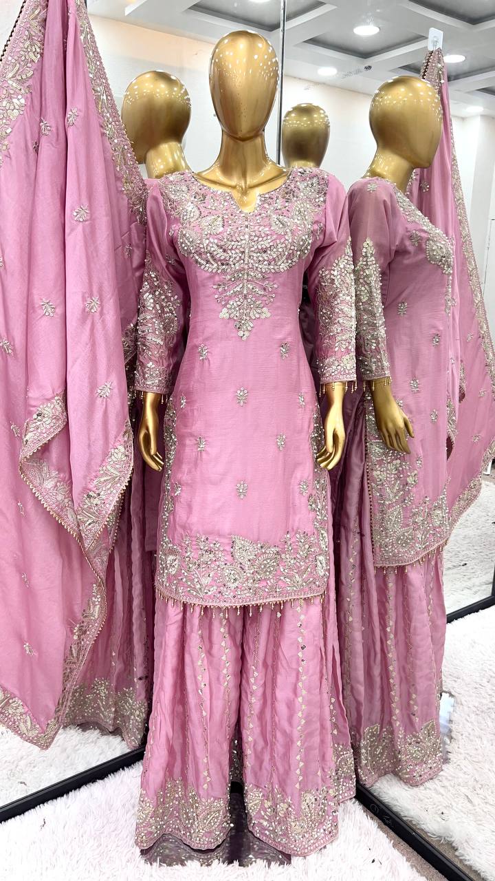 New  Heavy Embroidery Sequence Work Top-Gharara And Dupatta Set Fully Stitched Ready To Wear Collection