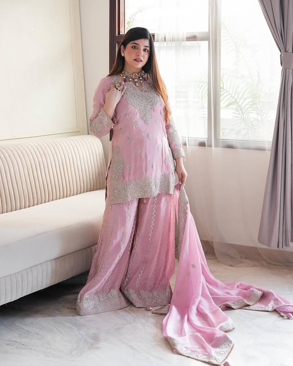 New  Heavy Embroidery Sequence Work Top-Gharara And Dupatta Set Fully Stitched Ready To Wear Collection