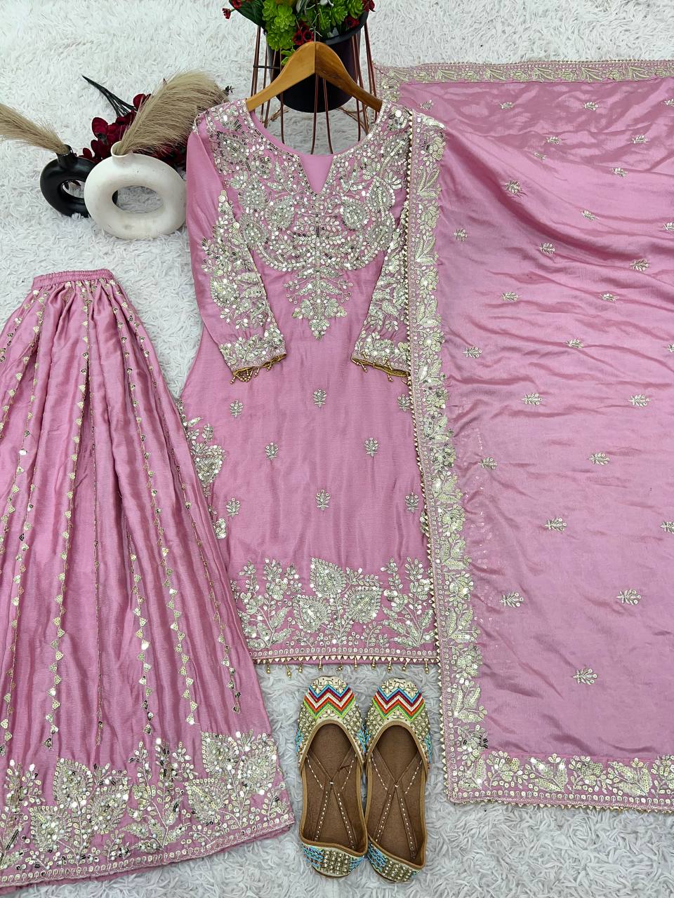 New  Heavy Embroidery Sequence Work Top-Gharara And Dupatta Set Fully Stitched Ready To Wear Collection