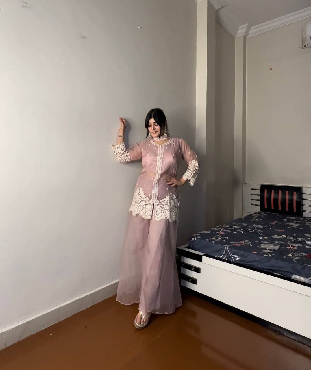 "Elegant Soft Organza Sequence Embroidery Set with Blouse, Top, Palazzo, and Dupatta"