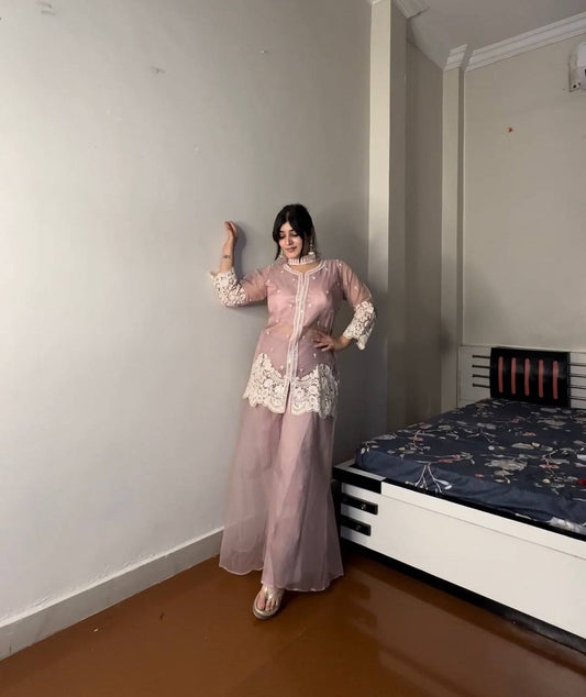 "Elegant Soft Organza Sequence Embroidery Set with Blouse, Top, Palazzo, and Dupatta"