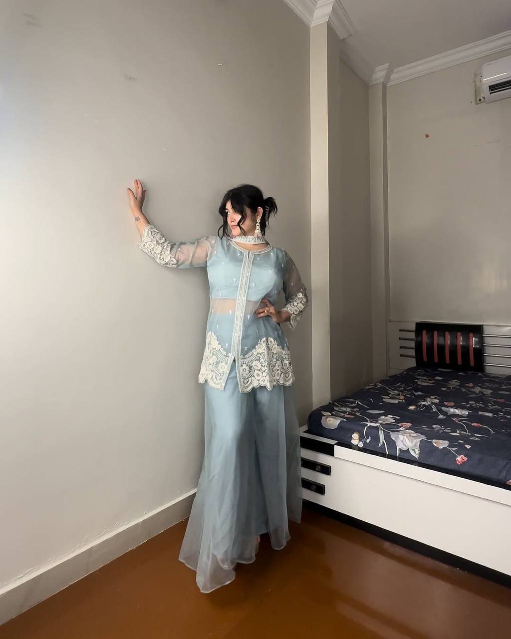 "Elegant Soft Organza Sequence Embroidery Set with Blouse, Top, Palazzo, and Dupatta"