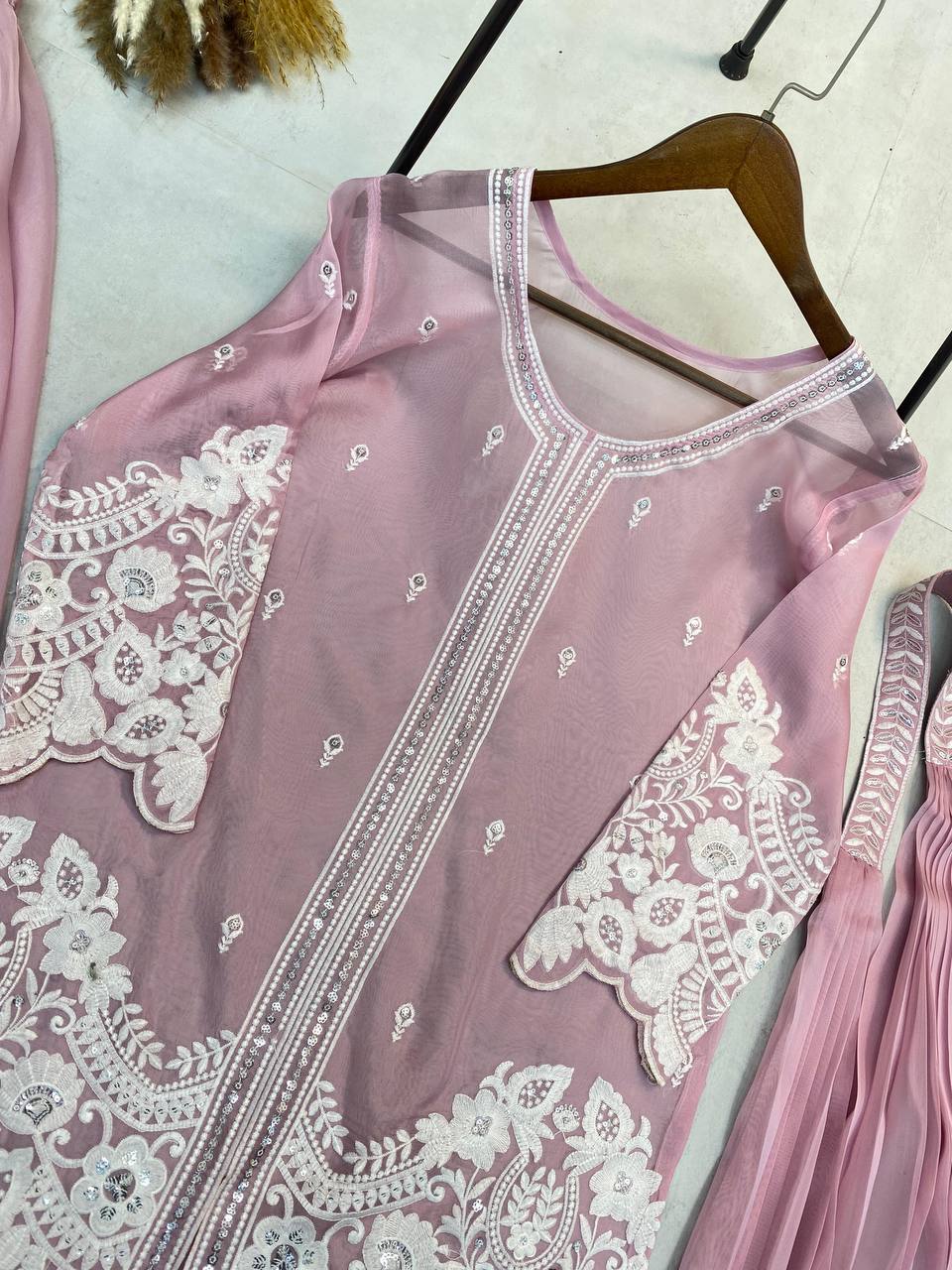 "Elegant Soft Organza Sequence Embroidery Set with Blouse, Top, Palazzo, and Dupatta"