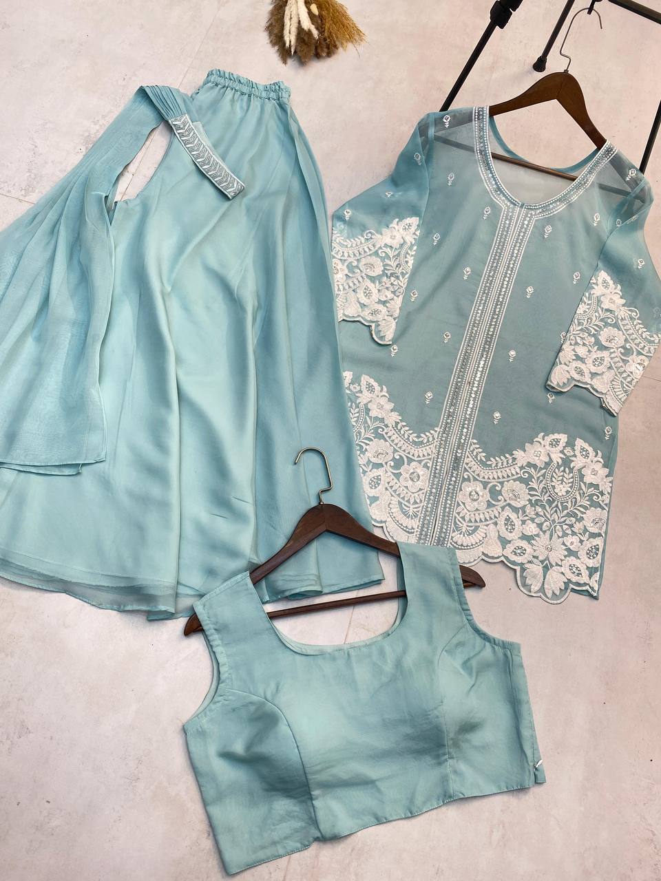 "Elegant Soft Organza Sequence Embroidery Set with Blouse, Top, Palazzo, and Dupatta"