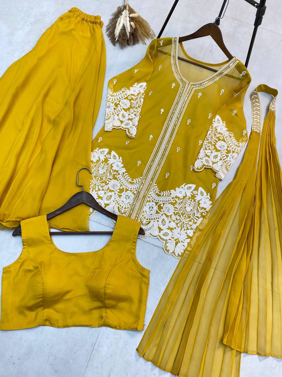 "Elegant Soft Organza Sequence Embroidery Set with Blouse, Top, Palazzo, and Dupatta"
