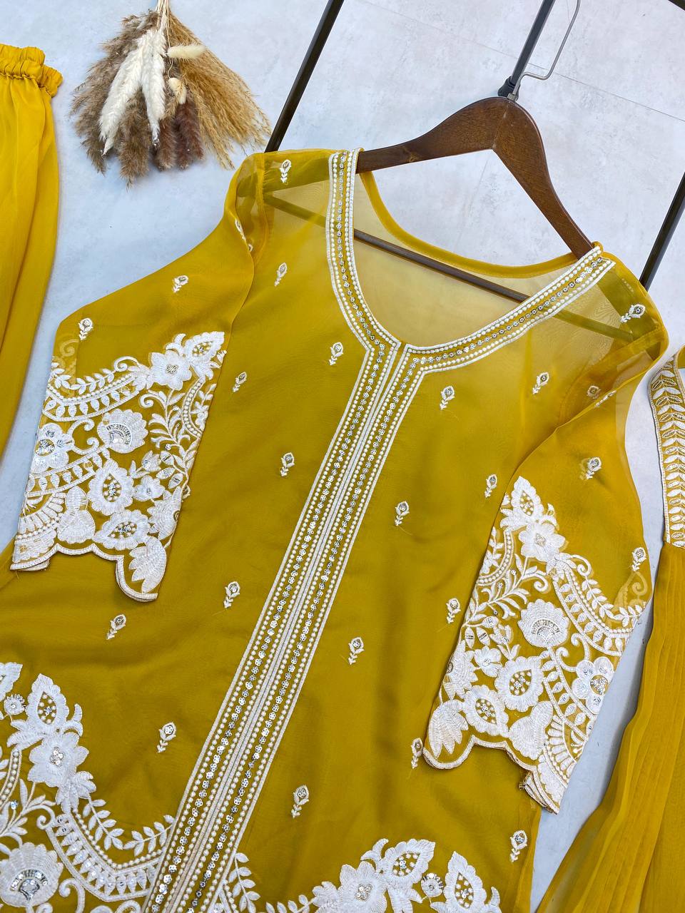 "Elegant Soft Organza Sequence Embroidery Set with Blouse, Top, Palazzo, and Dupatta"