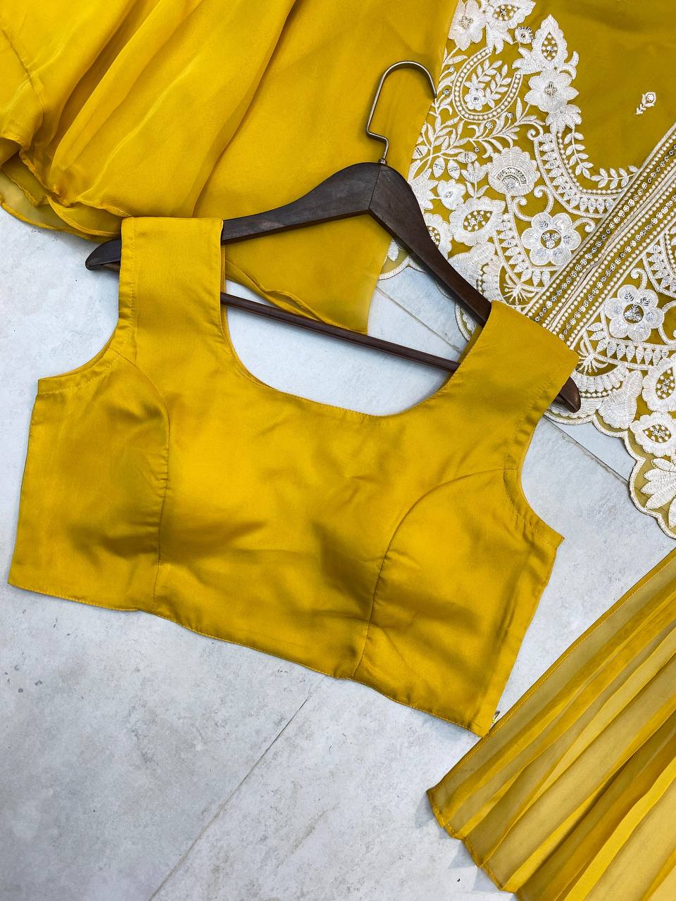 "Elegant Soft Organza Sequence Embroidery Set with Blouse, Top, Palazzo, and Dupatta"