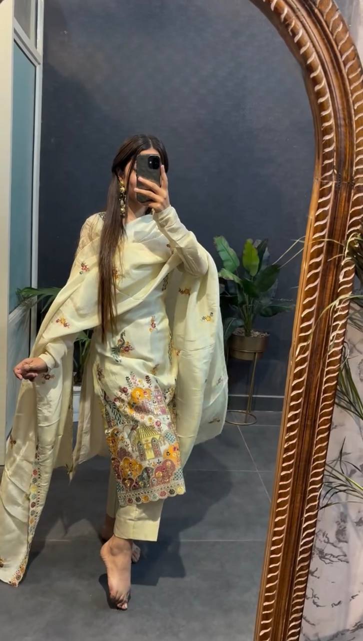 "Elegant Embroidered Chinnon Silk Ensemble"