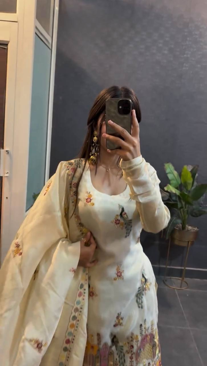 "Elegant Embroidered Chinnon Silk Ensemble"