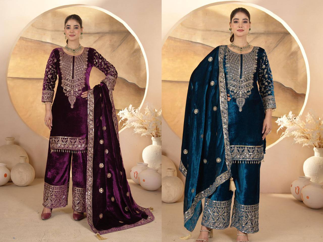 "Luxurious Heavy Viscose Velvet Suit Set with Intricate Embroidery & Full Sleeve Detailing"