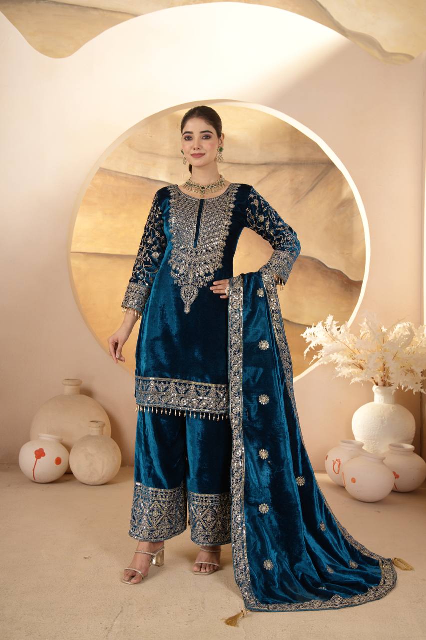 "Luxurious Heavy Viscose Velvet Suit Set with Intricate Embroidery & Full Sleeve Detailing"
