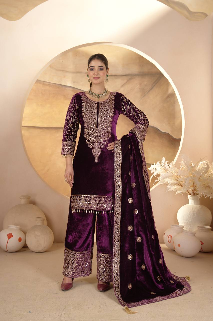 "Luxurious Heavy Viscose Velvet Suit Set with Intricate Embroidery & Full Sleeve Detailing"