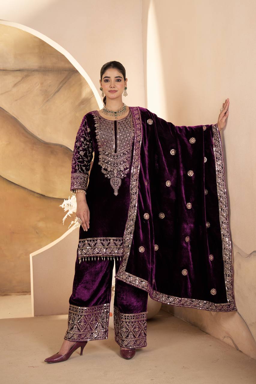 "Luxurious Heavy Viscose Velvet Suit Set with Intricate Embroidery & Full Sleeve Detailing"