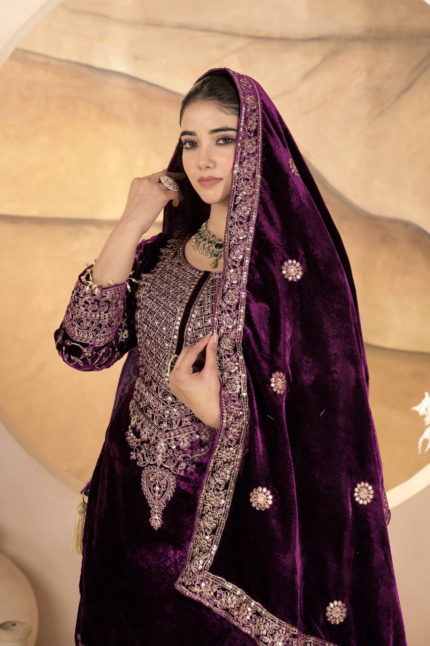 "Luxurious Heavy Viscose Velvet Suit Set with Intricate Embroidery & Full Sleeve Detailing"