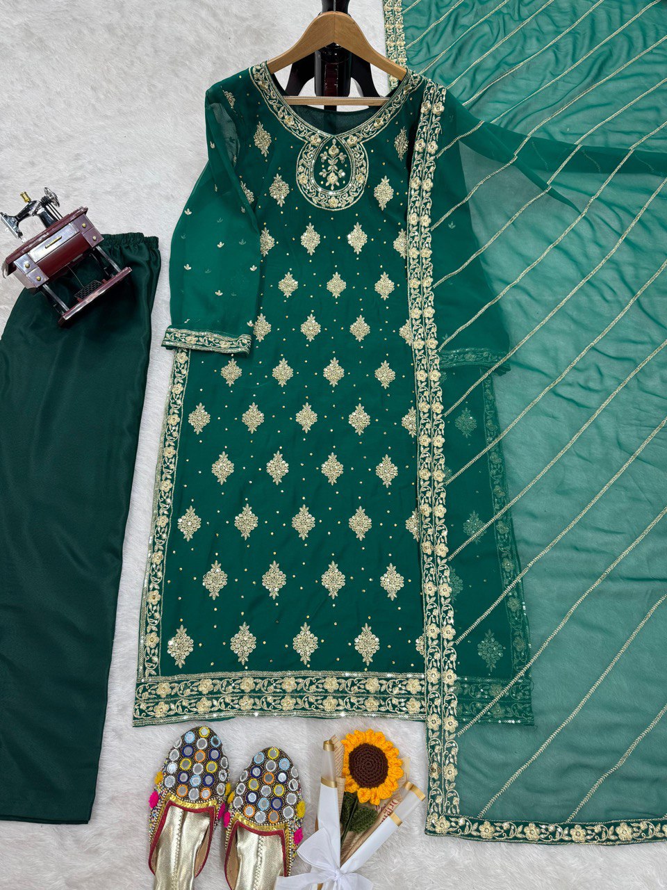 "Elegant Threadwork Ensemble with Sequins and Lace"