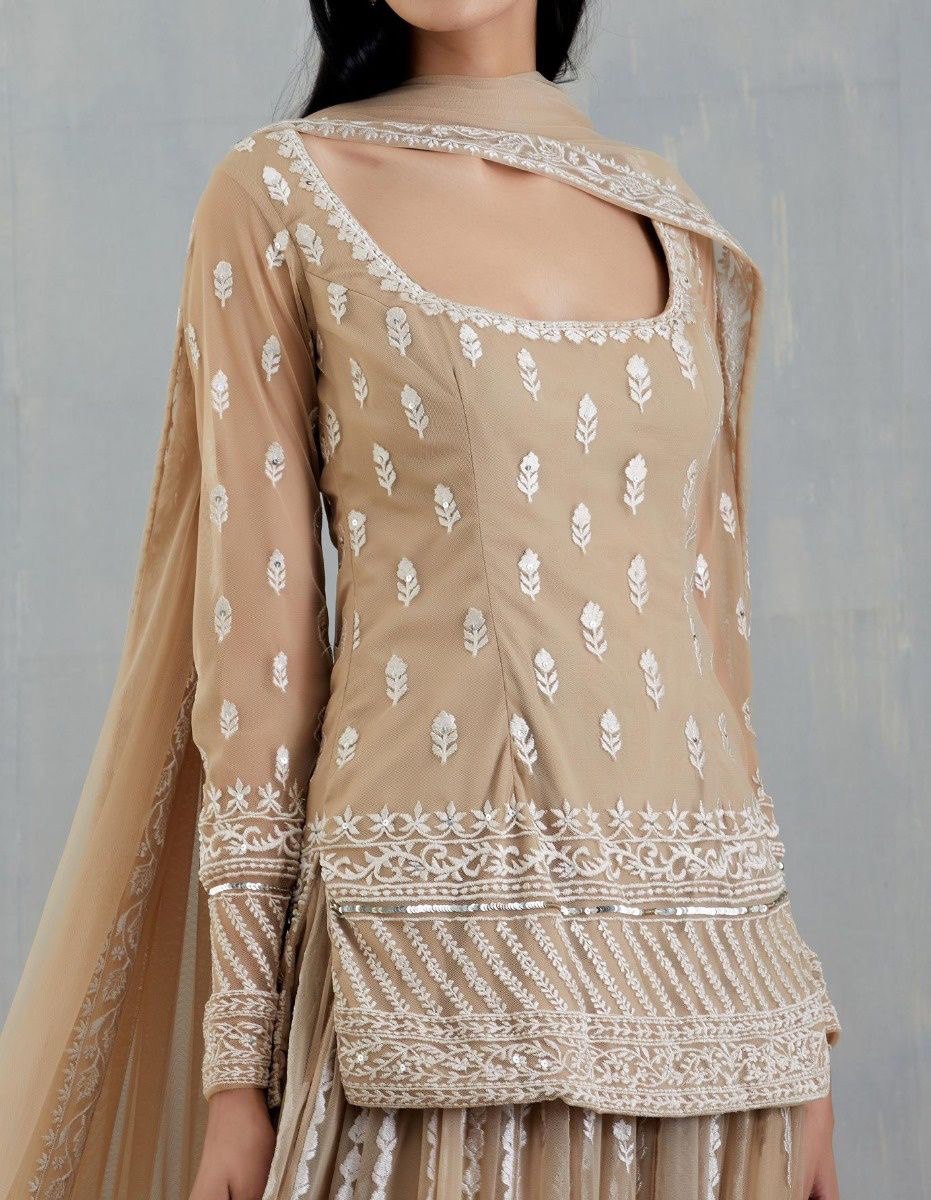 "Elegant Foux Gorgette Ensemble with Thread Sequence Work"