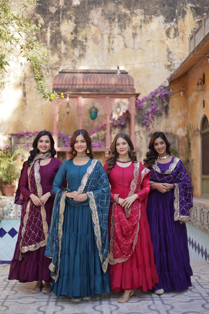 "Elegant Star Georgette Gown with Sequins Embroidered Dupatta – Available in 4 Colours"