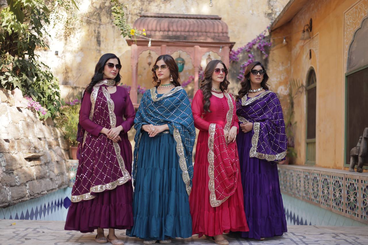 "Elegant Star Georgette Gown with Sequins Embroidered Dupatta – Available in 4 Colours"