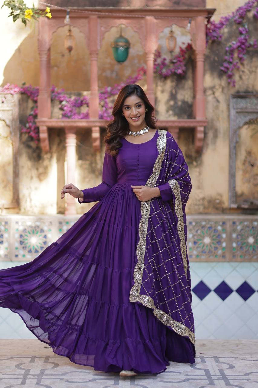 "Elegant Star Georgette Gown with Sequins Embroidered Dupatta – Available in 4 Colours"