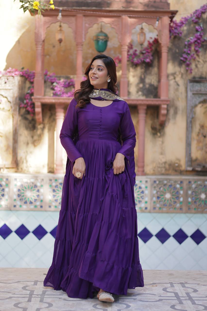 "Elegant Star Georgette Gown with Sequins Embroidered Dupatta – Available in 4 Colours"