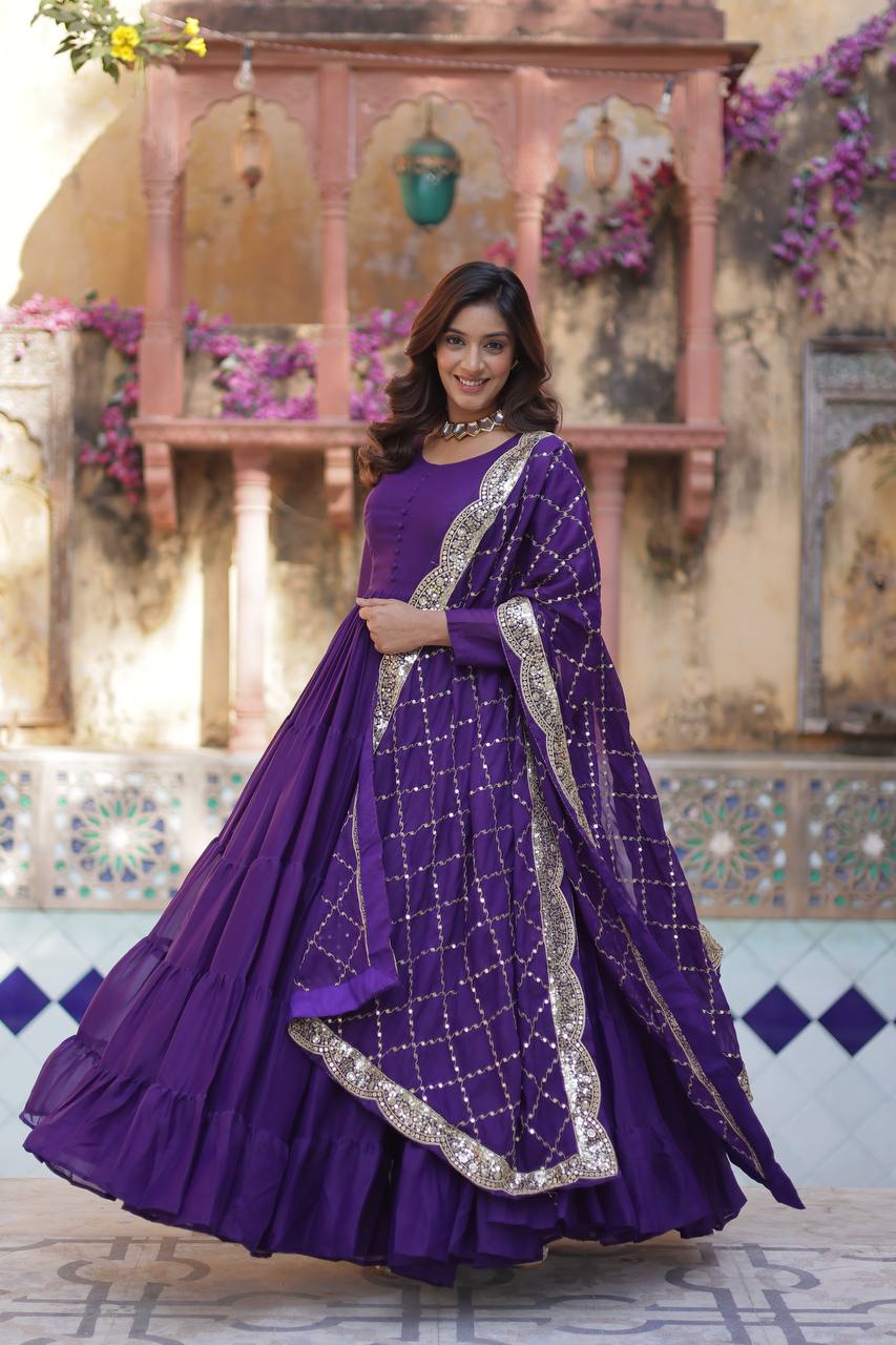 "Elegant Star Georgette Gown with Sequins Embroidered Dupatta – Available in 4 Colours"