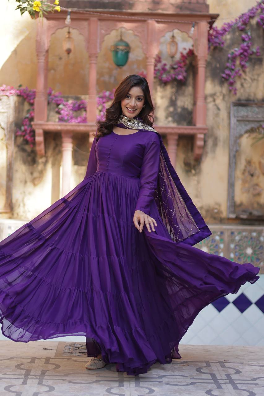 "Elegant Star Georgette Gown with Sequins Embroidered Dupatta – Available in 4 Colours"