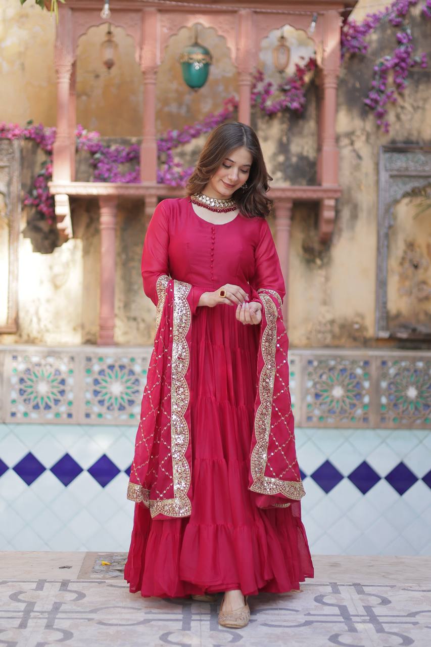 "Elegant Star Georgette Gown with Sequins Embroidered Dupatta – Available in 4 Colours"