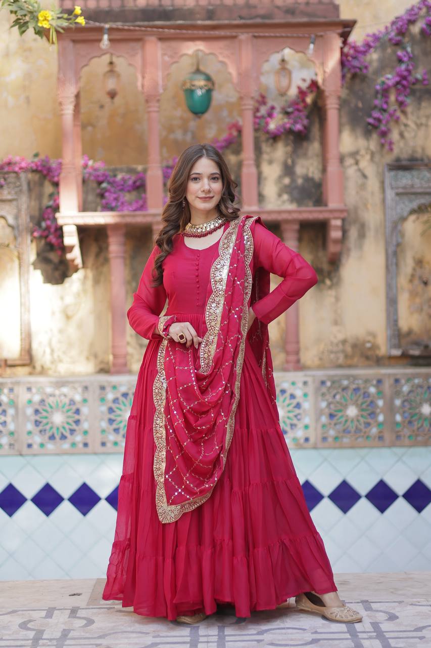 "Elegant Star Georgette Gown with Sequins Embroidered Dupatta – Available in 4 Colours"