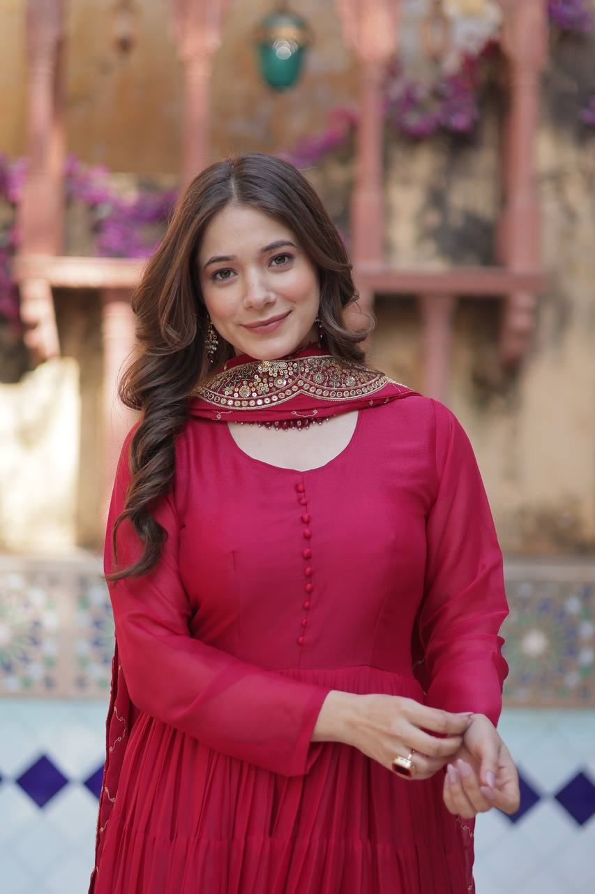 "Elegant Star Georgette Gown with Sequins Embroidered Dupatta – Available in 4 Colours"