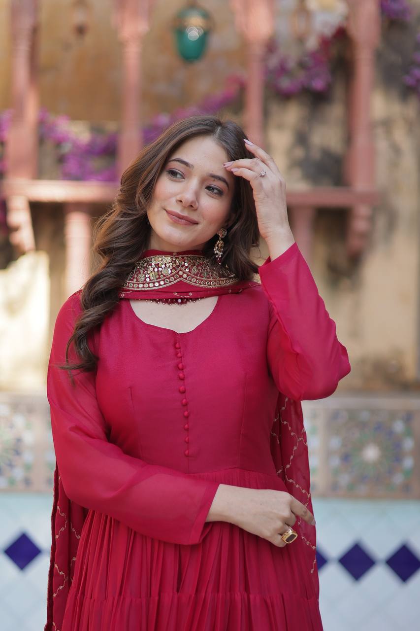 "Elegant Star Georgette Gown with Sequins Embroidered Dupatta – Available in 4 Colours"