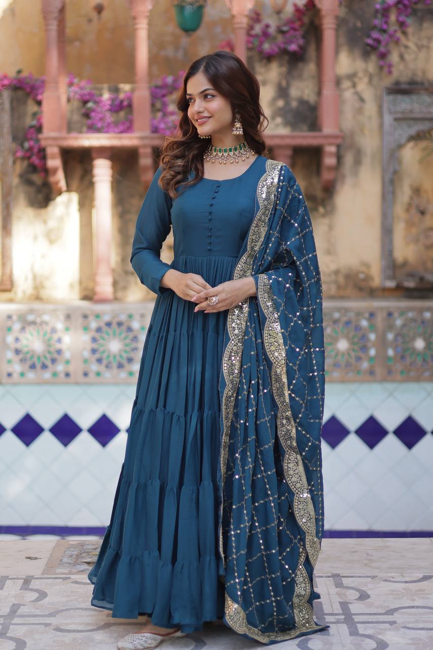 "Elegant Star Georgette Gown with Sequins Embroidered Dupatta – Available in 4 Colours"