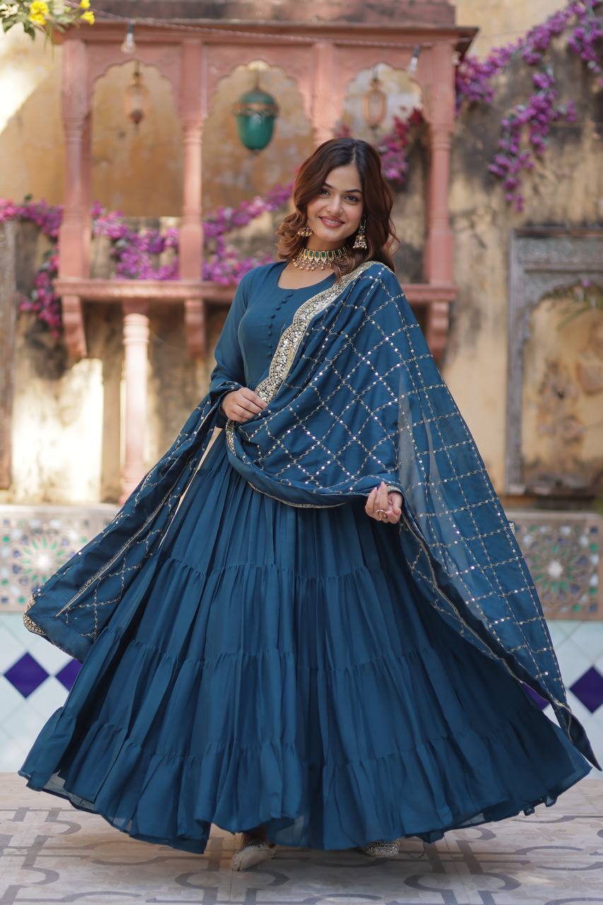 "Elegant Star Georgette Gown with Sequins Embroidered Dupatta – Available in 4 Colours"