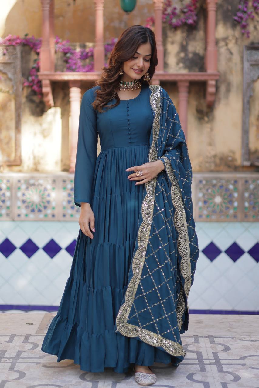 "Elegant Star Georgette Gown with Sequins Embroidered Dupatta – Available in 4 Colours"