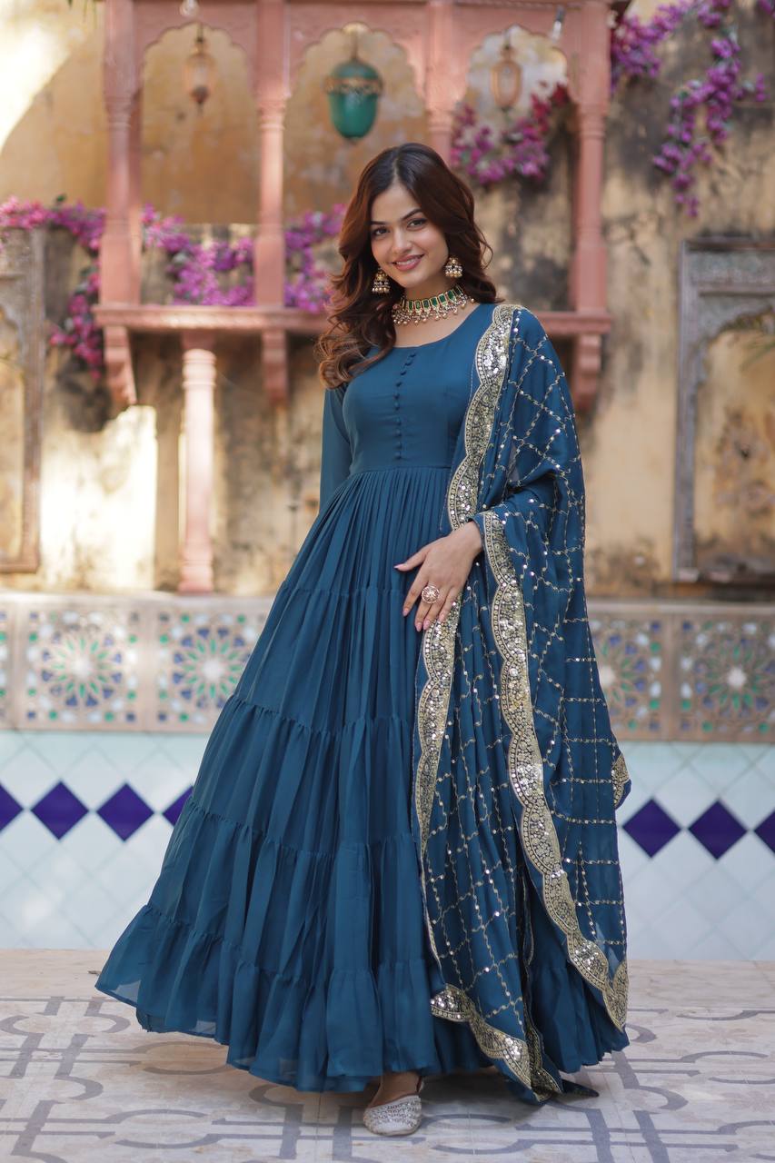 "Elegant Star Georgette Gown with Sequins Embroidered Dupatta – Available in 4 Colours"