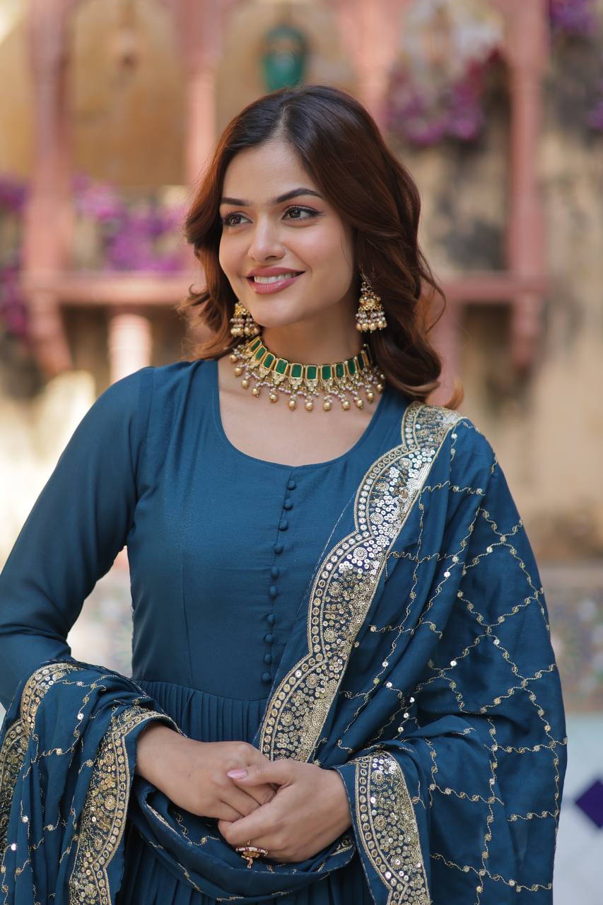 "Elegant Star Georgette Gown with Sequins Embroidered Dupatta – Available in 4 Colours"