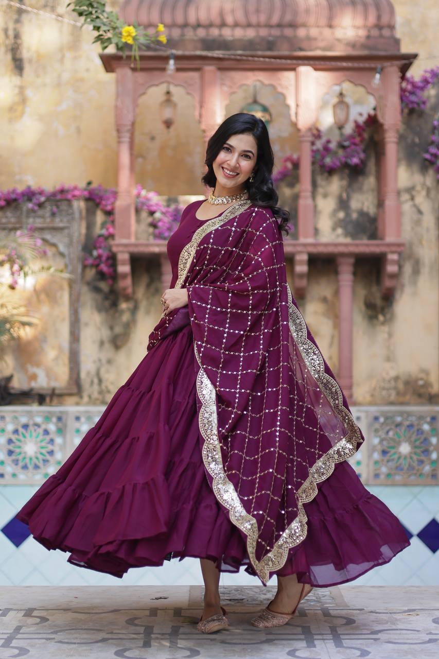 "Elegant Star Georgette Gown with Sequins Embroidered Dupatta – Available in 4 Colours"