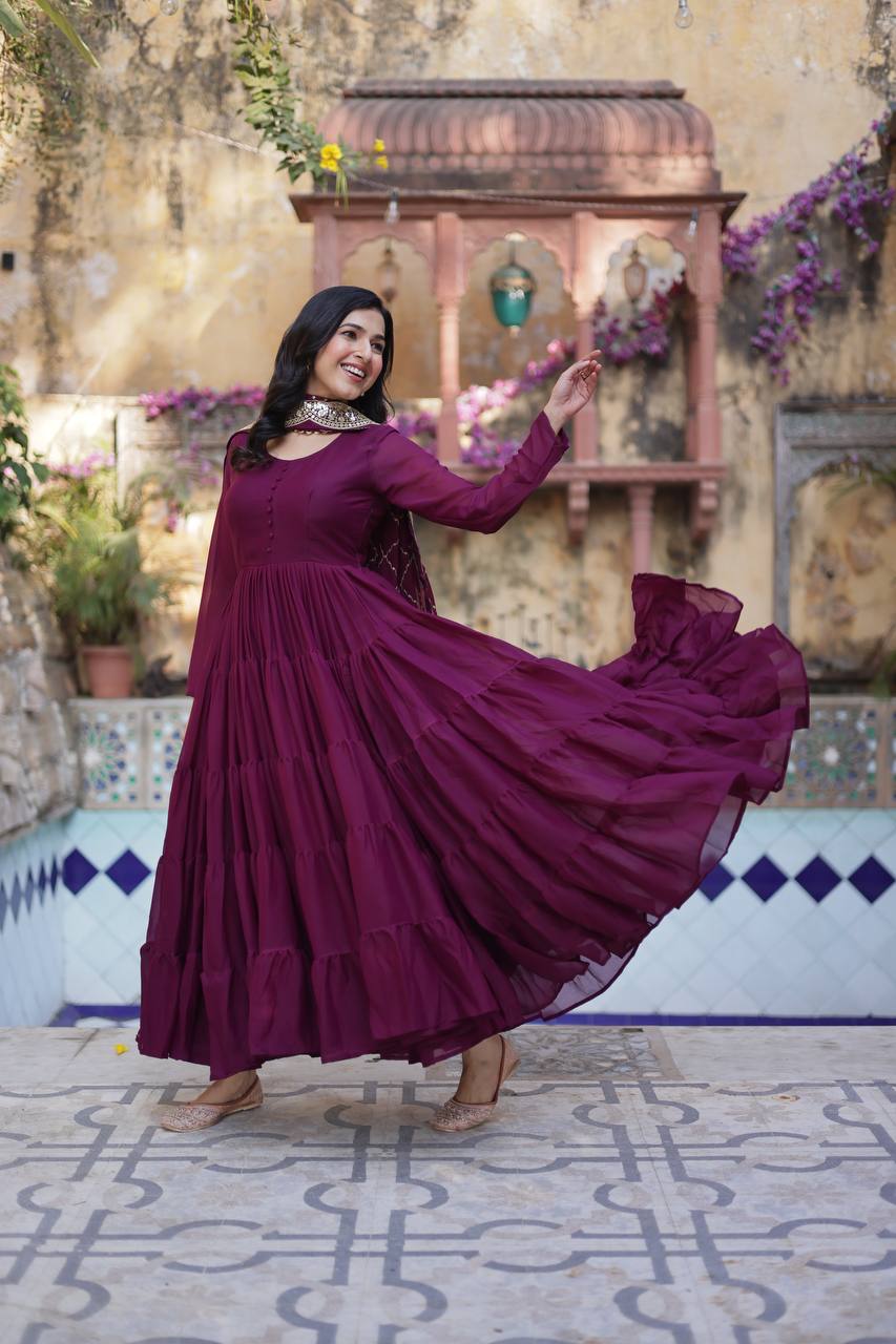 "Elegant Star Georgette Gown with Sequins Embroidered Dupatta – Available in 4 Colours"