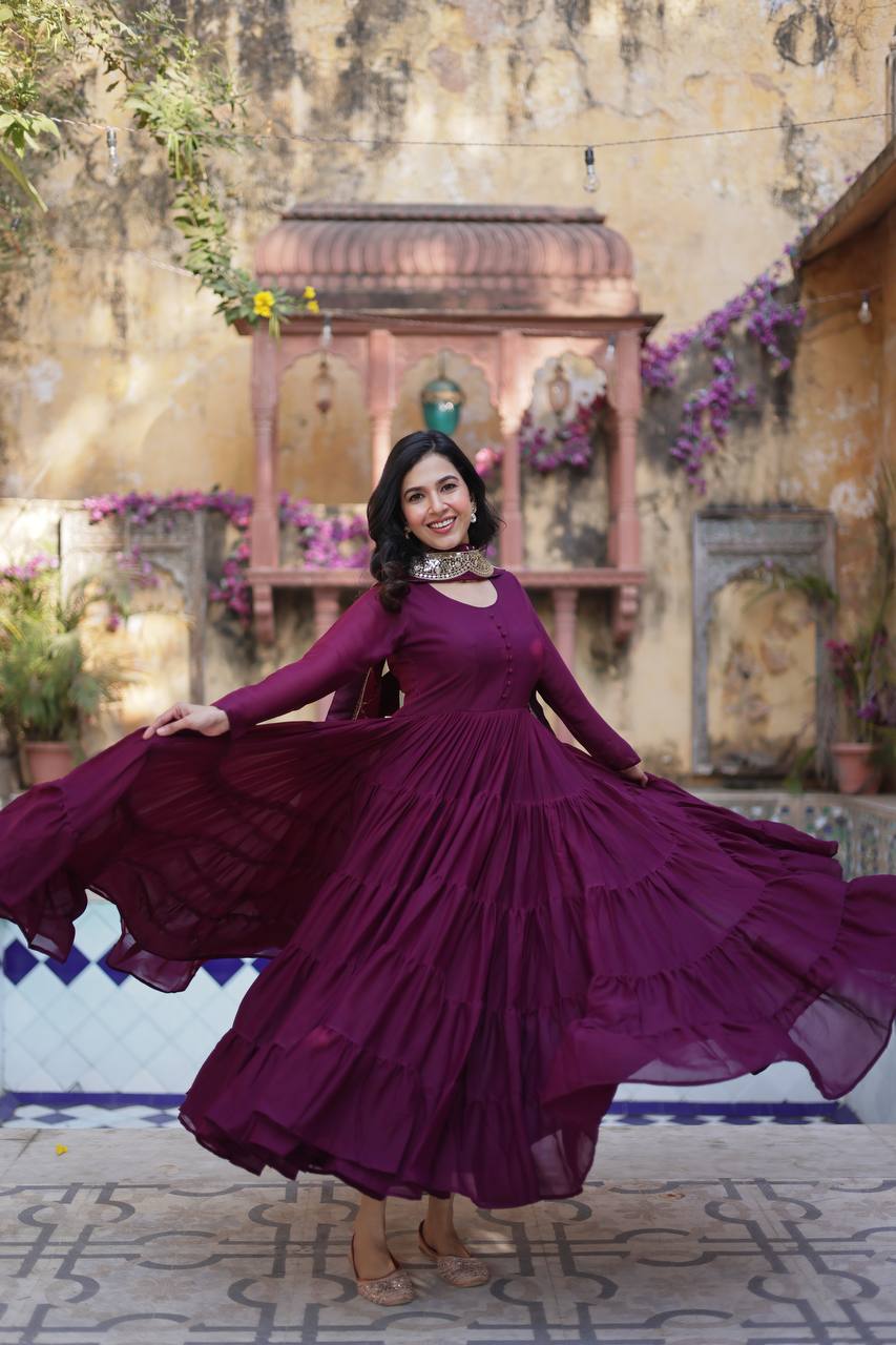 "Elegant Star Georgette Gown with Sequins Embroidered Dupatta – Available in 4 Colours"