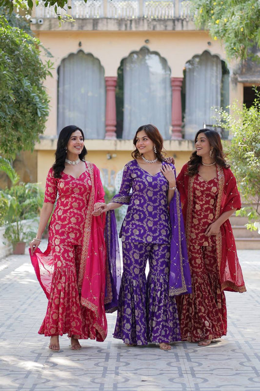 "Exquisite Viscose Georgette Jacquard Kurti Set with Gharara & Embroidered Dupatta"