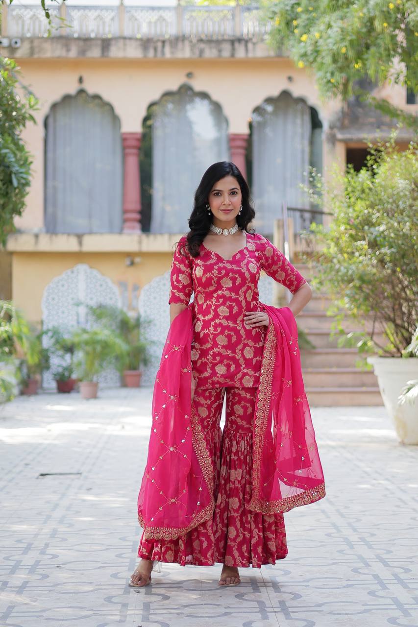 "Exquisite Viscose Georgette Jacquard Kurti Set with Gharara & Embroidered Dupatta"