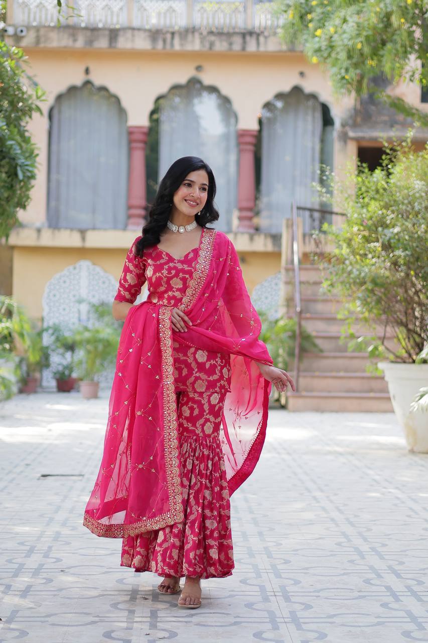 "Exquisite Viscose Georgette Jacquard Kurti Set with Gharara & Embroidered Dupatta"